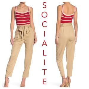 Socialite Paperbag Waist Tan Pleated Trousers with Tie Belt | Size XL